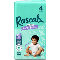 Rascals Premium Nappy Pants Unisex Size 4 10-15kg Toddler 32pk